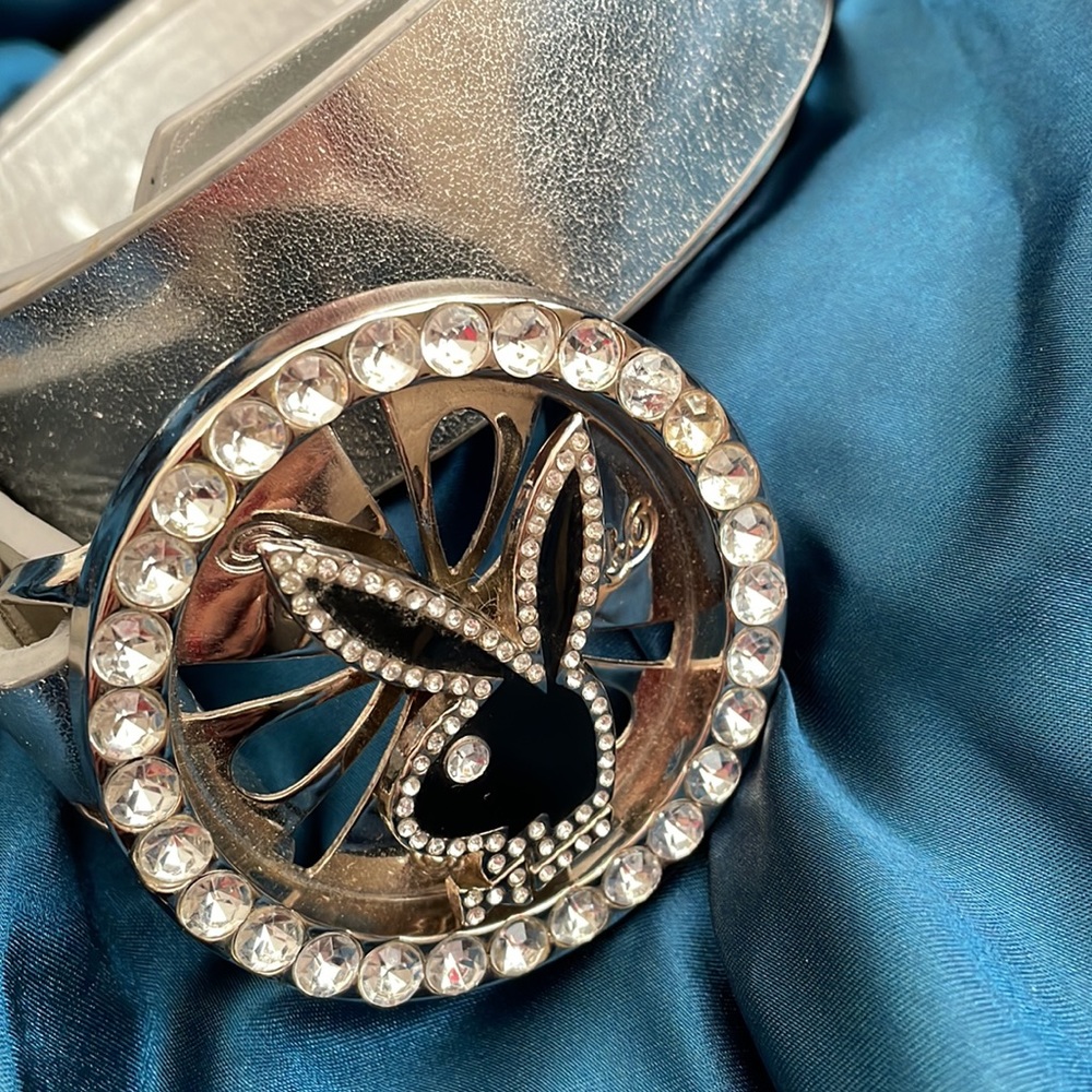Y2K Vintage Rhinestone Bling Playboy Bunny Spinner Belt Buckle Silver Belt